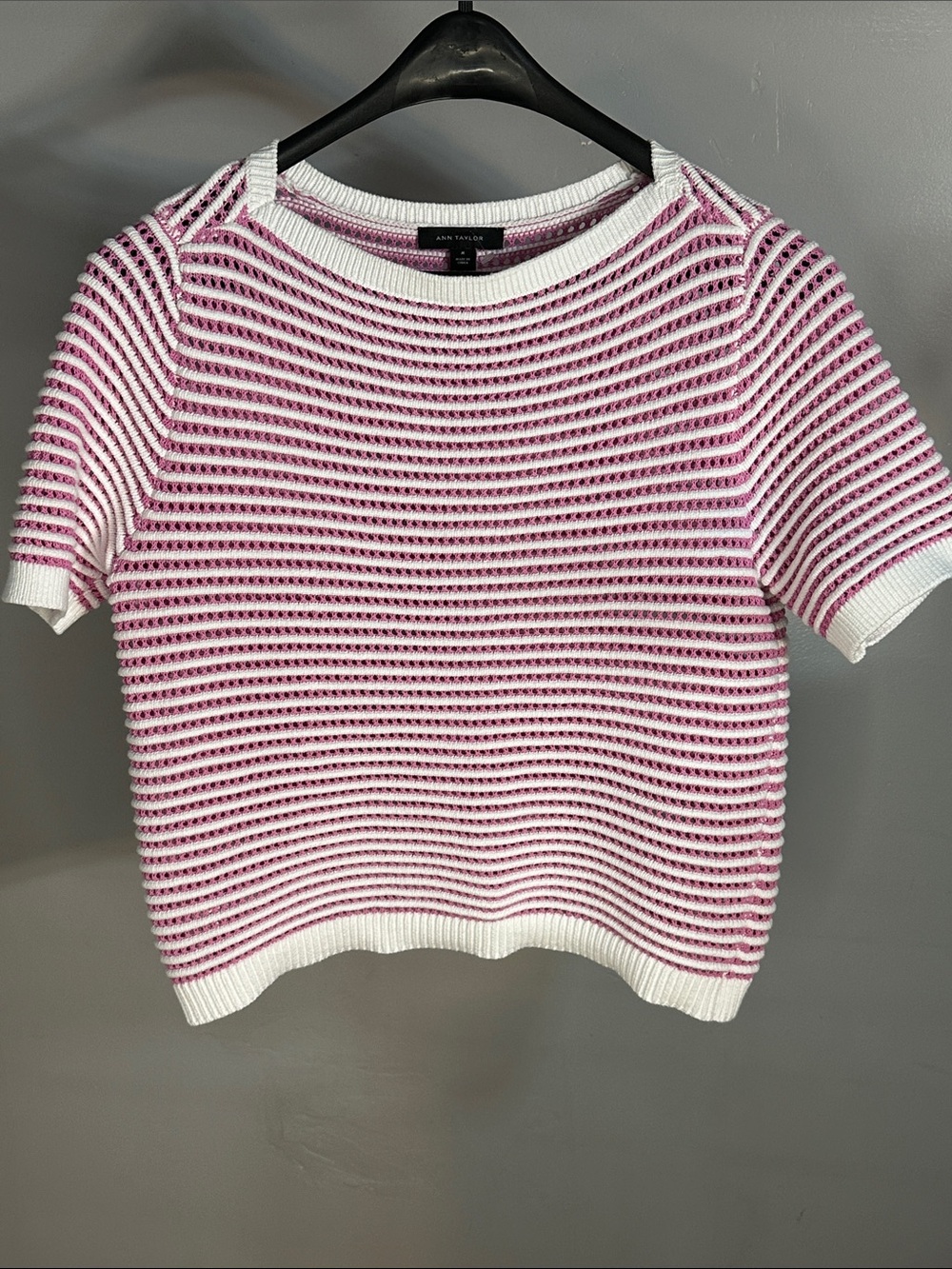 Ann Taylor Pink & White Striped Short-Sleeve Open Stitch Crew Sweater